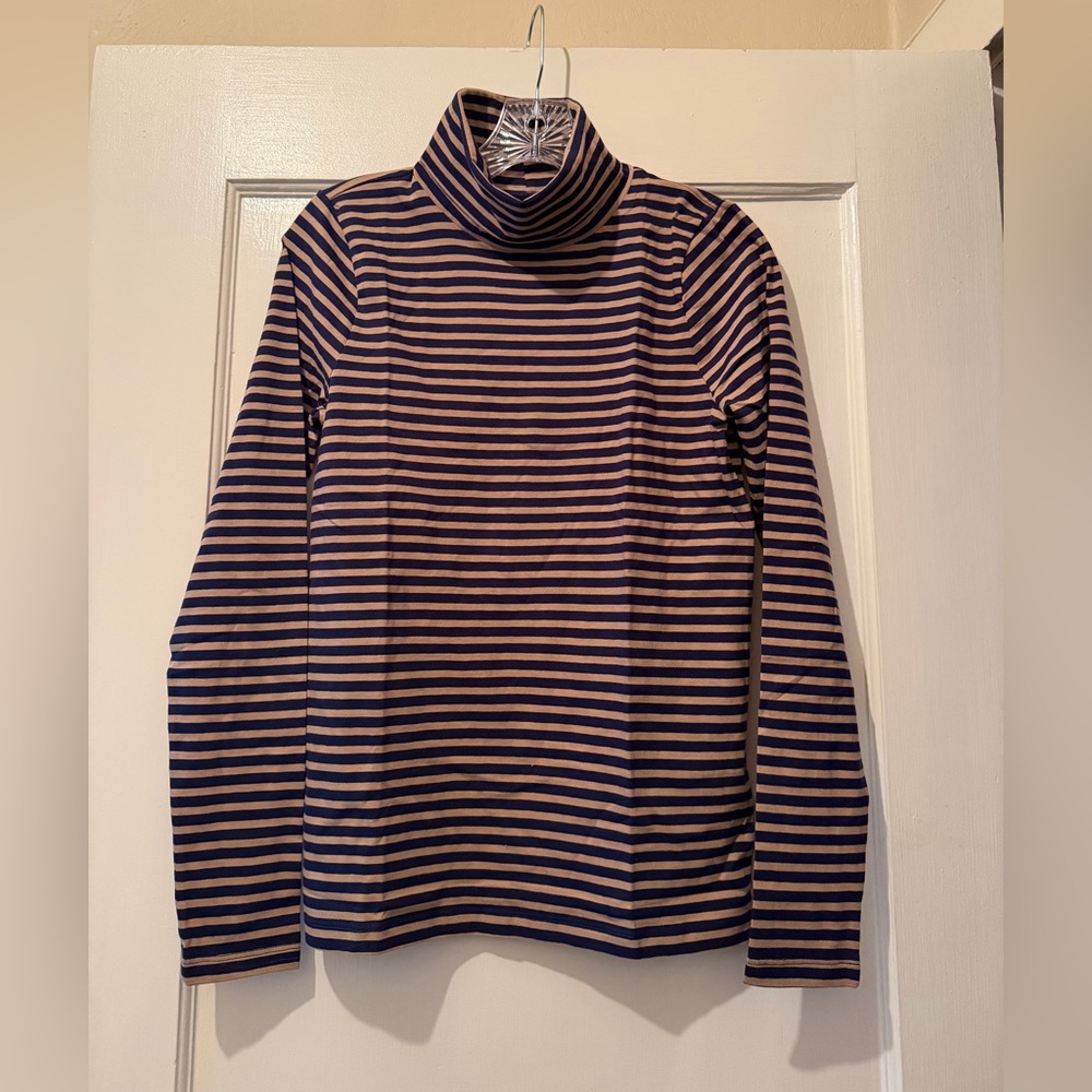 J Crew Factory Tissue Navy and Tan Striped Turtleneck